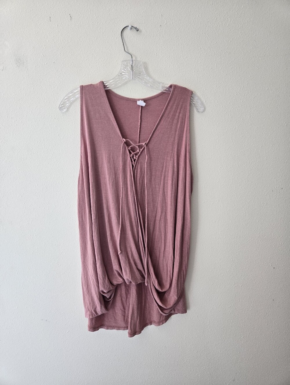 Lace-Up V-Neck Draped Tank Top - Dusty Rose